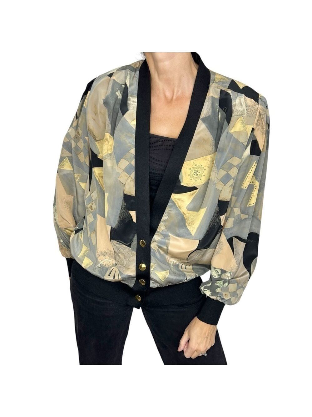Vintage silky grey tan print cardigan blouse top jacket 38